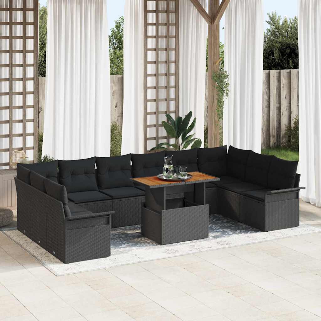 Havesofa Sæt med pude 11 pcs Sort polyrattan