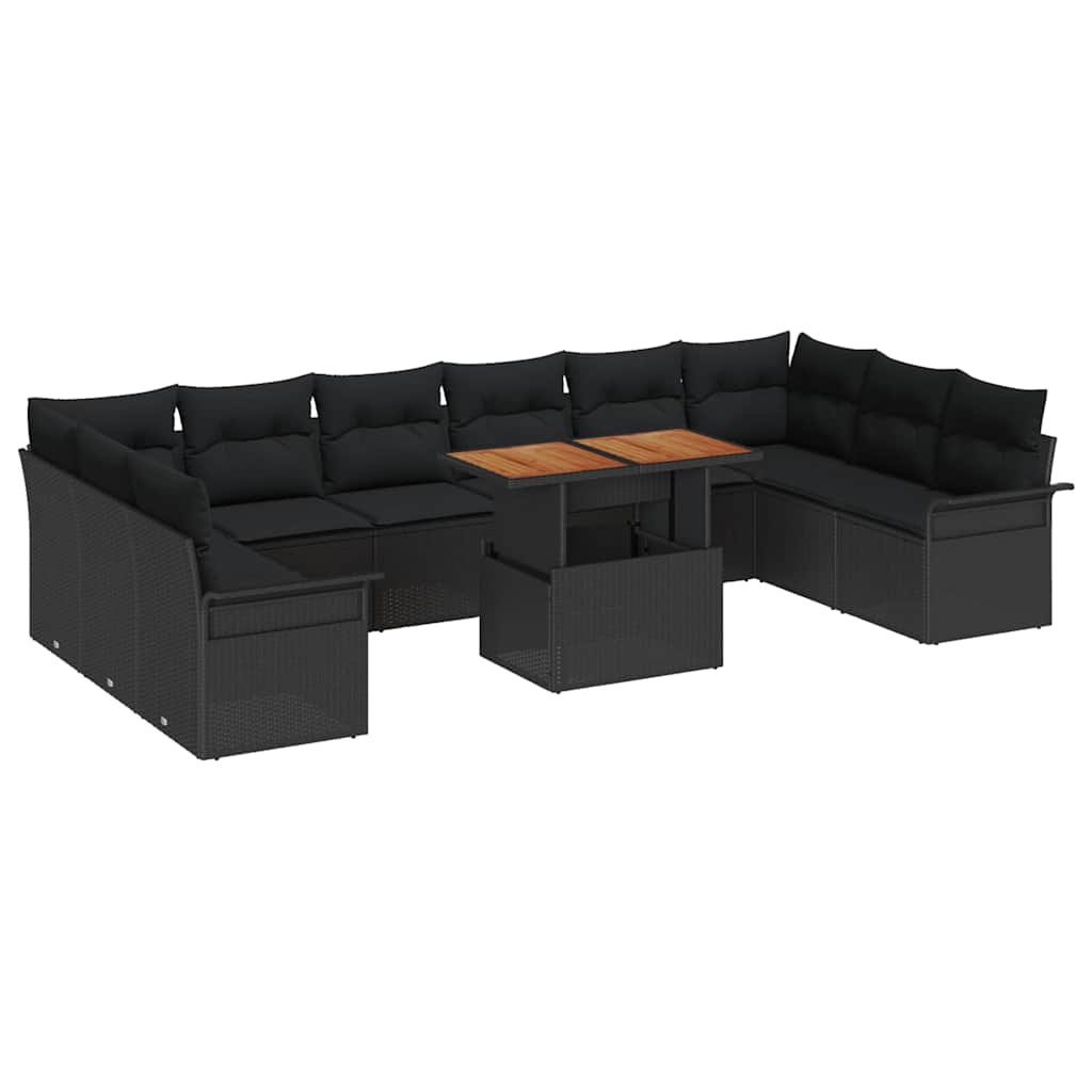 Havesofa Sæt med pude 11 pcs Sort polyrattan