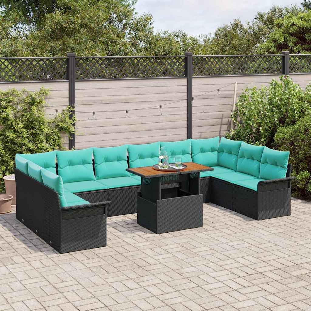 Havesofa Sæt med pude 11 pcs Sort og Blå polyrattan