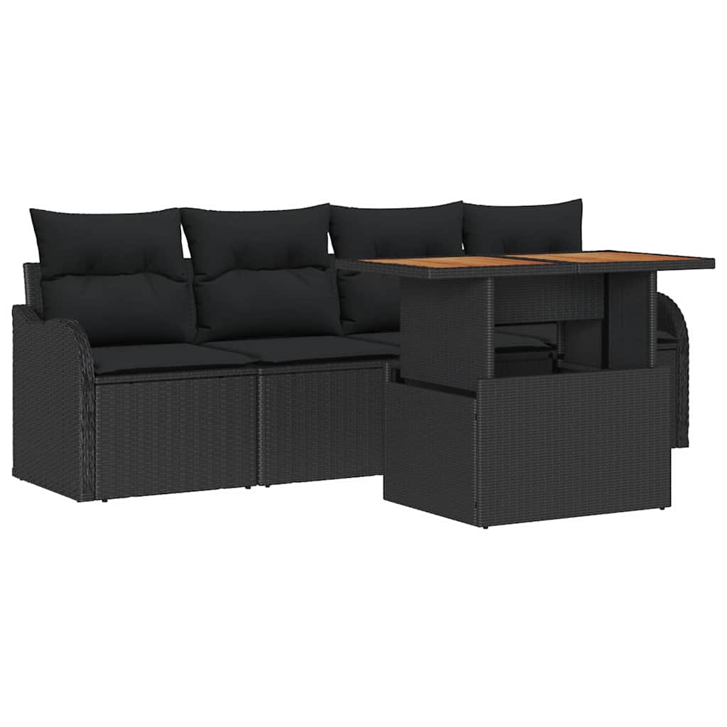 Havesofa Sæt med pude 5 pcs Sort polyrattan