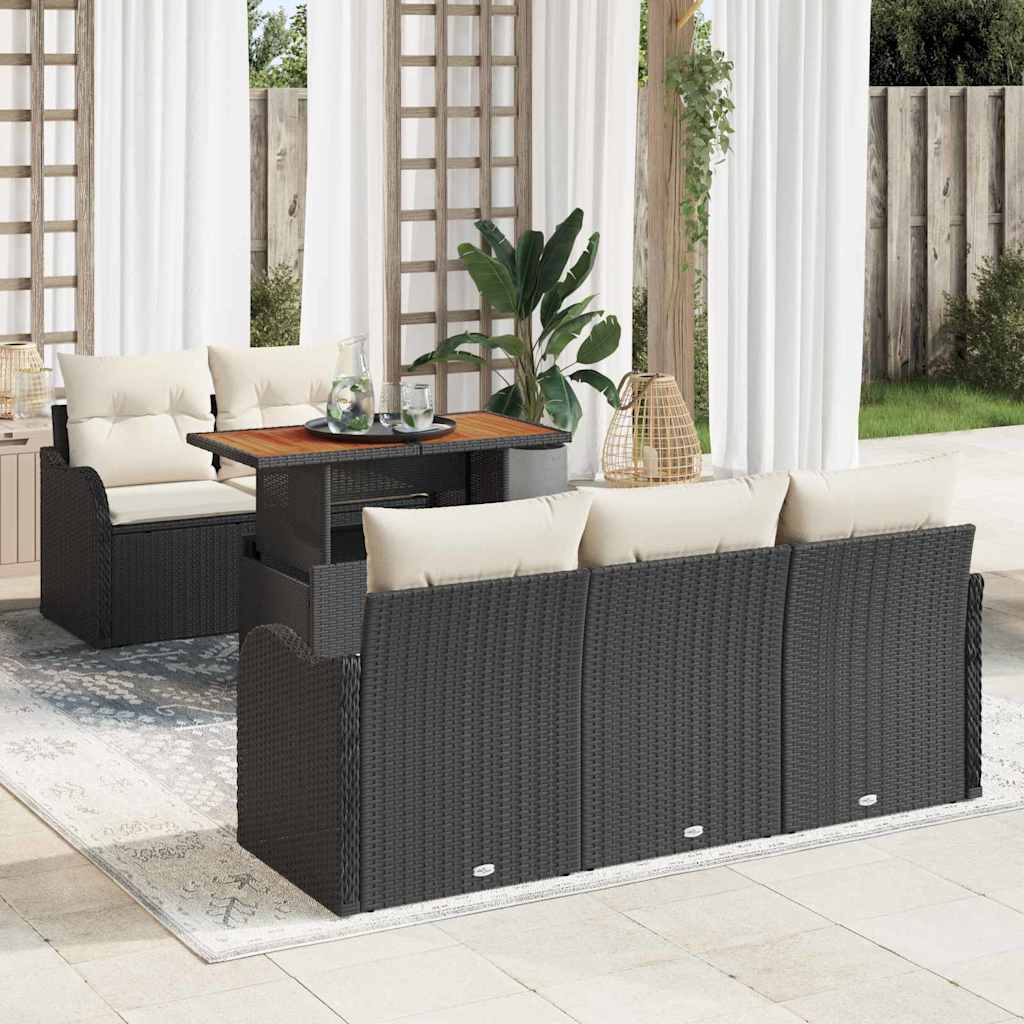 Modulært havesofa-sæt i polyrattan - 6 dele, sort/cream med højdejusterbart bord