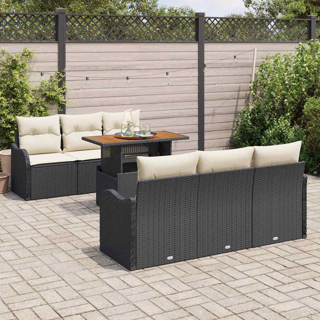 Havesofa Sæt med pude 7 pcs Sort og Cream polyrattan