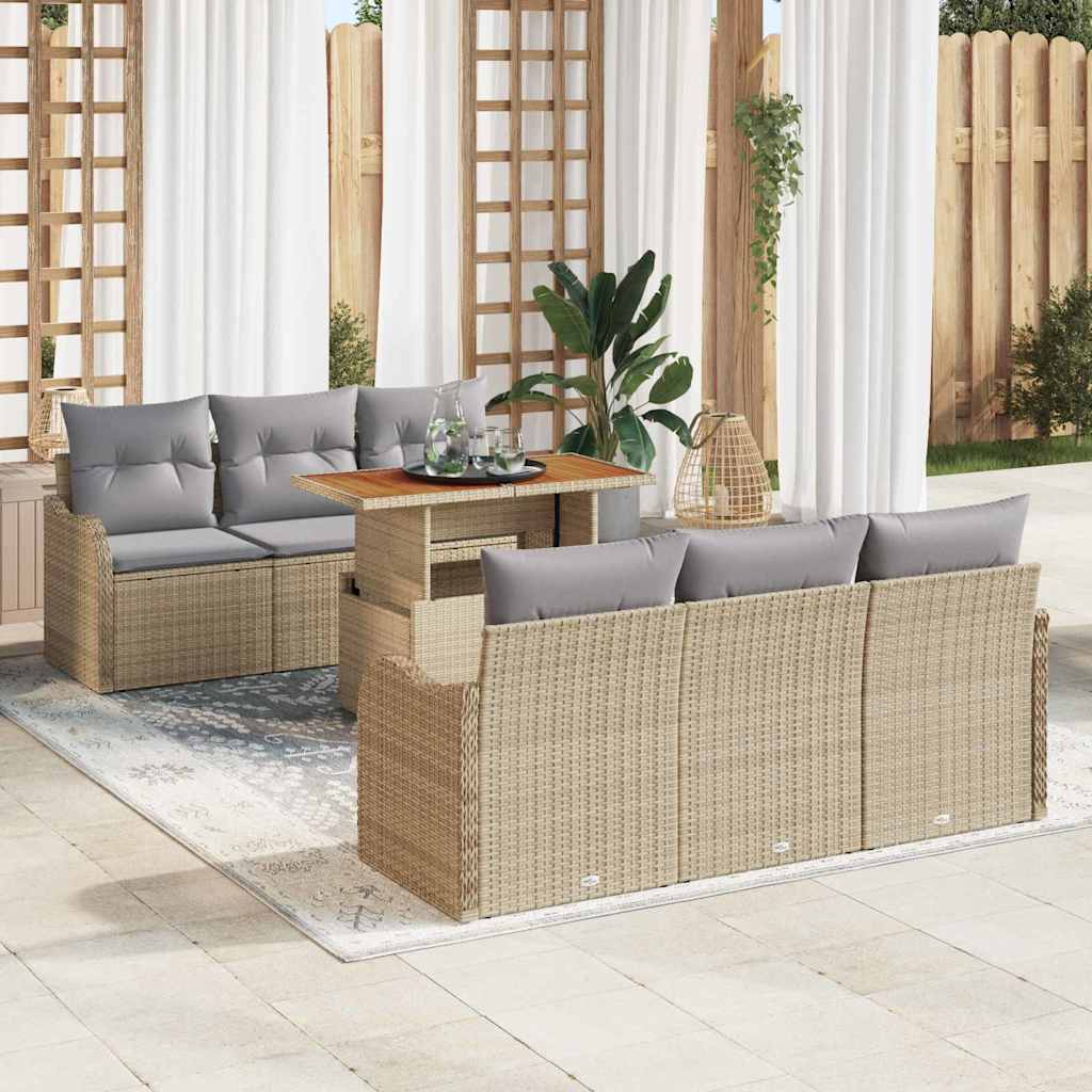 Havesofa Sæt med pude 7 pcs Beige og lys grå polyrattan