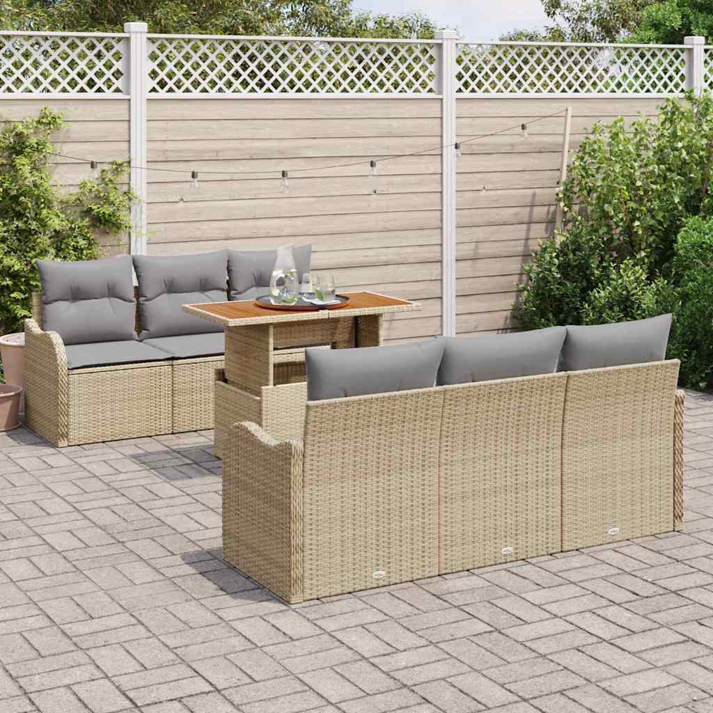 Havesofa Sæt med pude 7 pcs Beige og lys grå polyrattan