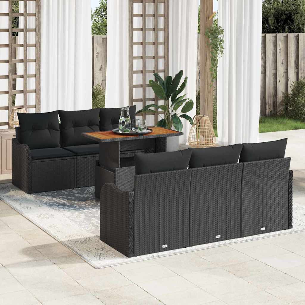 Havesofa Sæt med pude 7 pcs Sort polyrattan