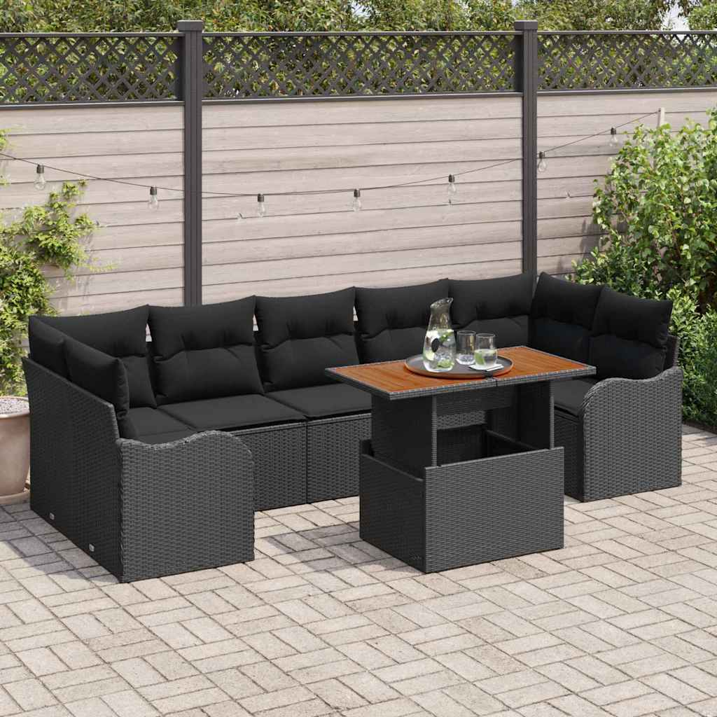 Havesofa Sæt med pude 8 pcs Sort polyrattan