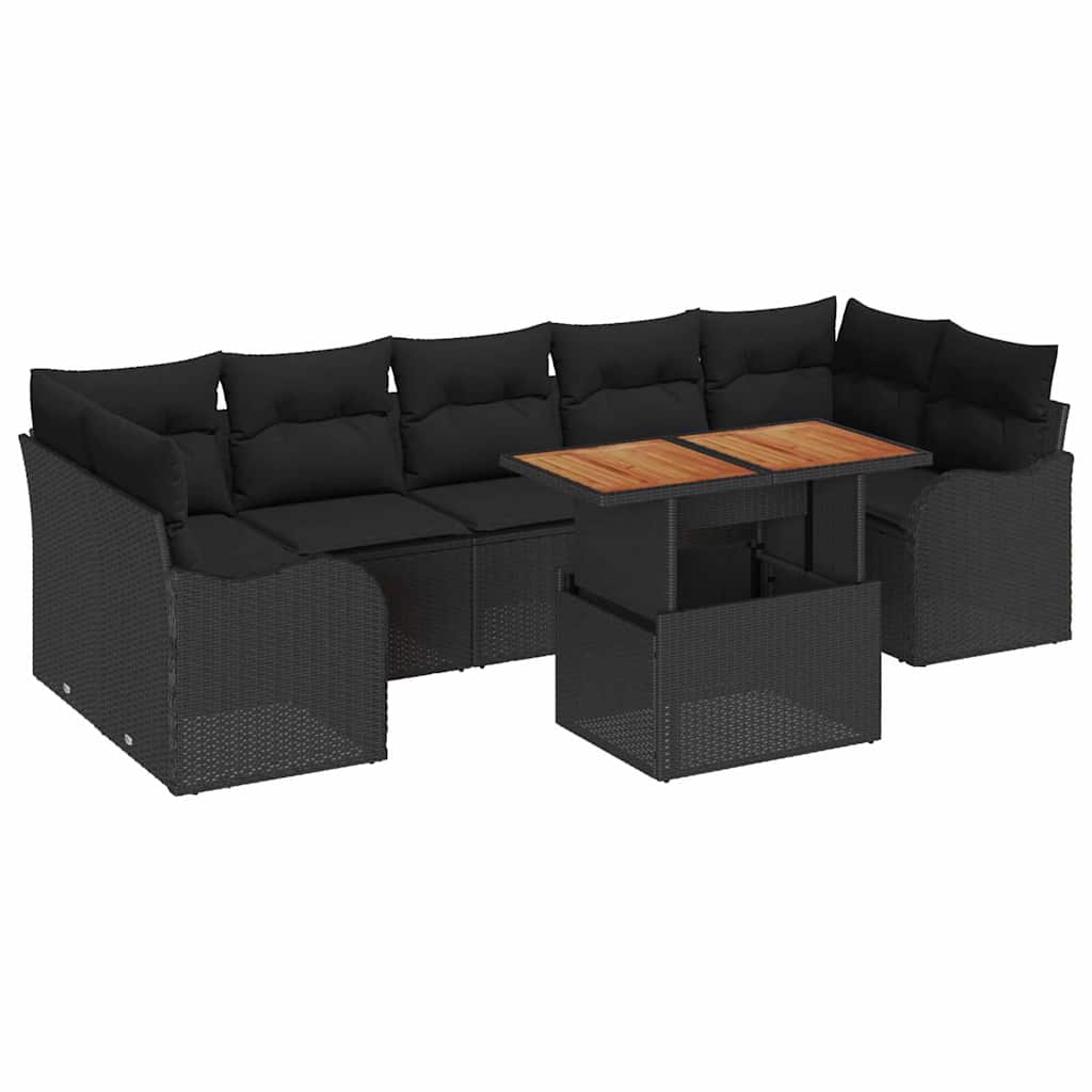 Havesofa Sæt med pude 8 pcs Sort polyrattan