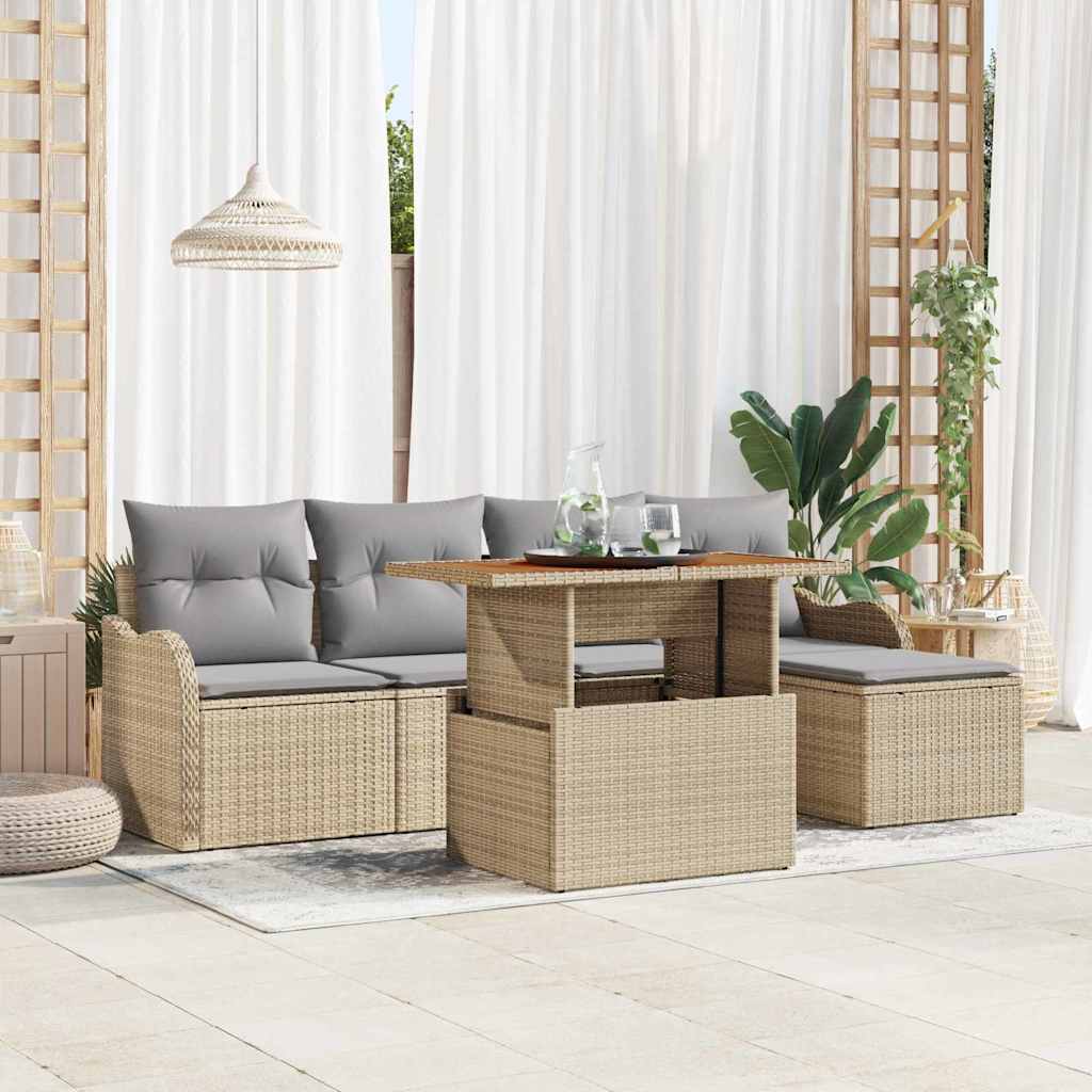 Havesofa Sæt med pude 6 pcs Beige og lys grå polyrattan