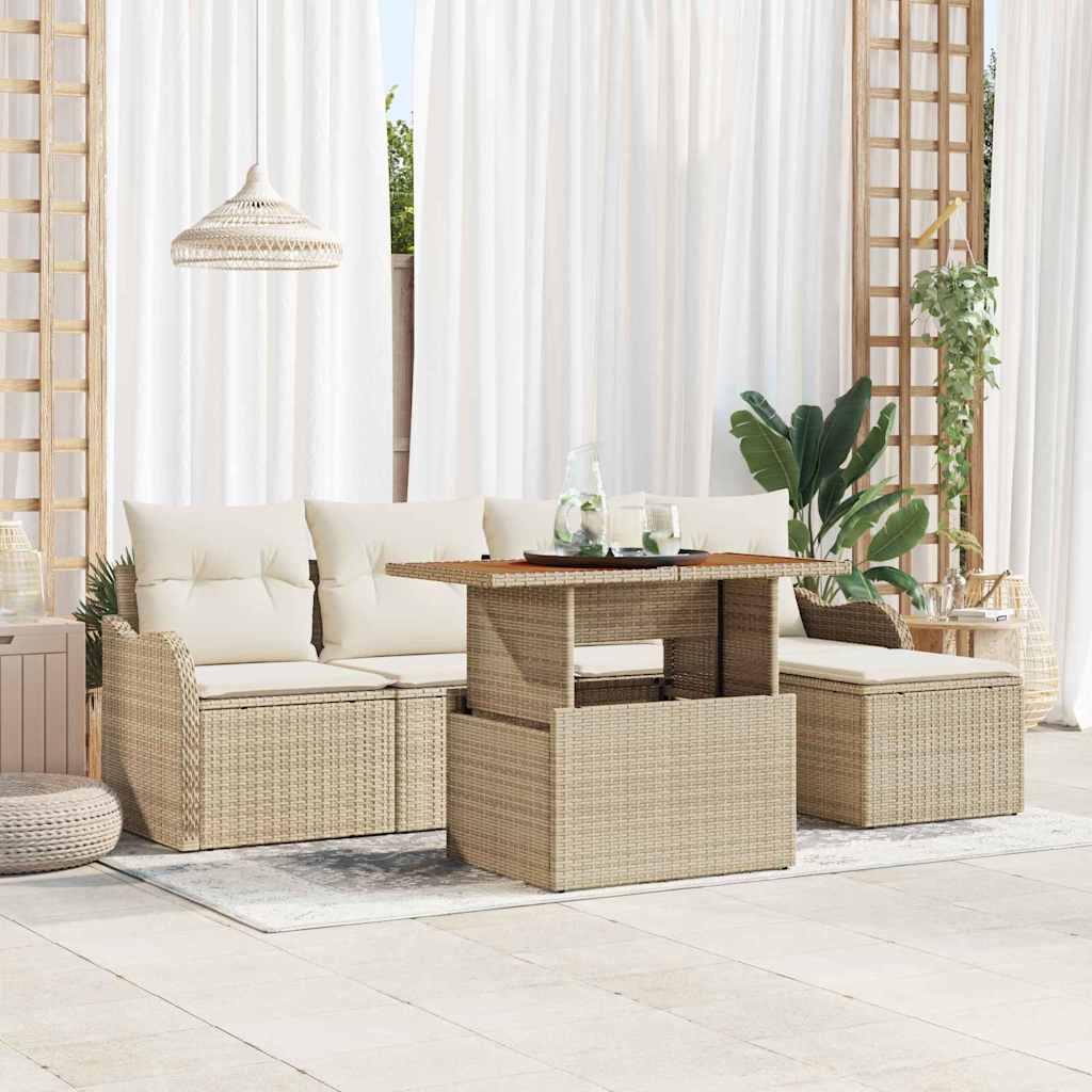 Havesofa Sæt med pude 6 pcs Beige og creme polyrattan