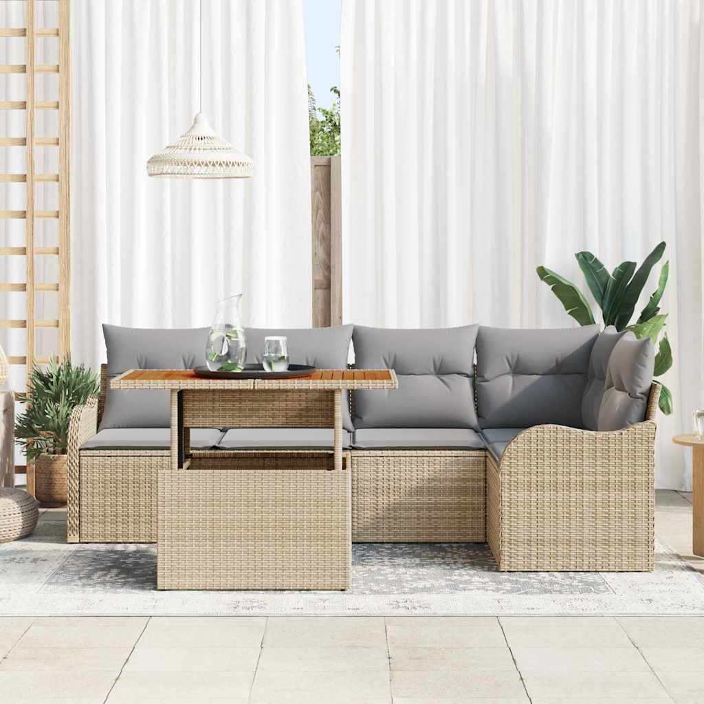 Havesofa Sæt med pude 6 pcs Beige og lys grå polyrattan