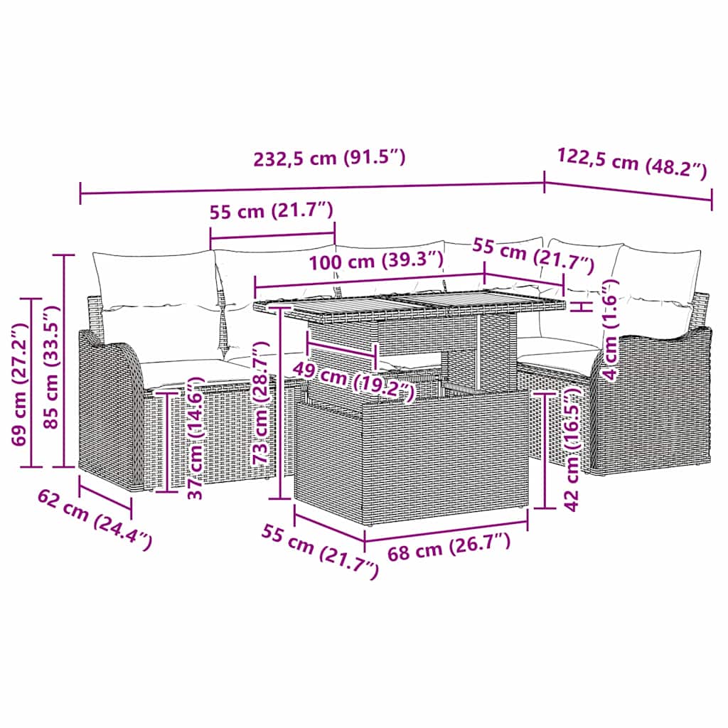 Havesofa Sæt med pude 6 pcs Beige og lys grå polyrattan