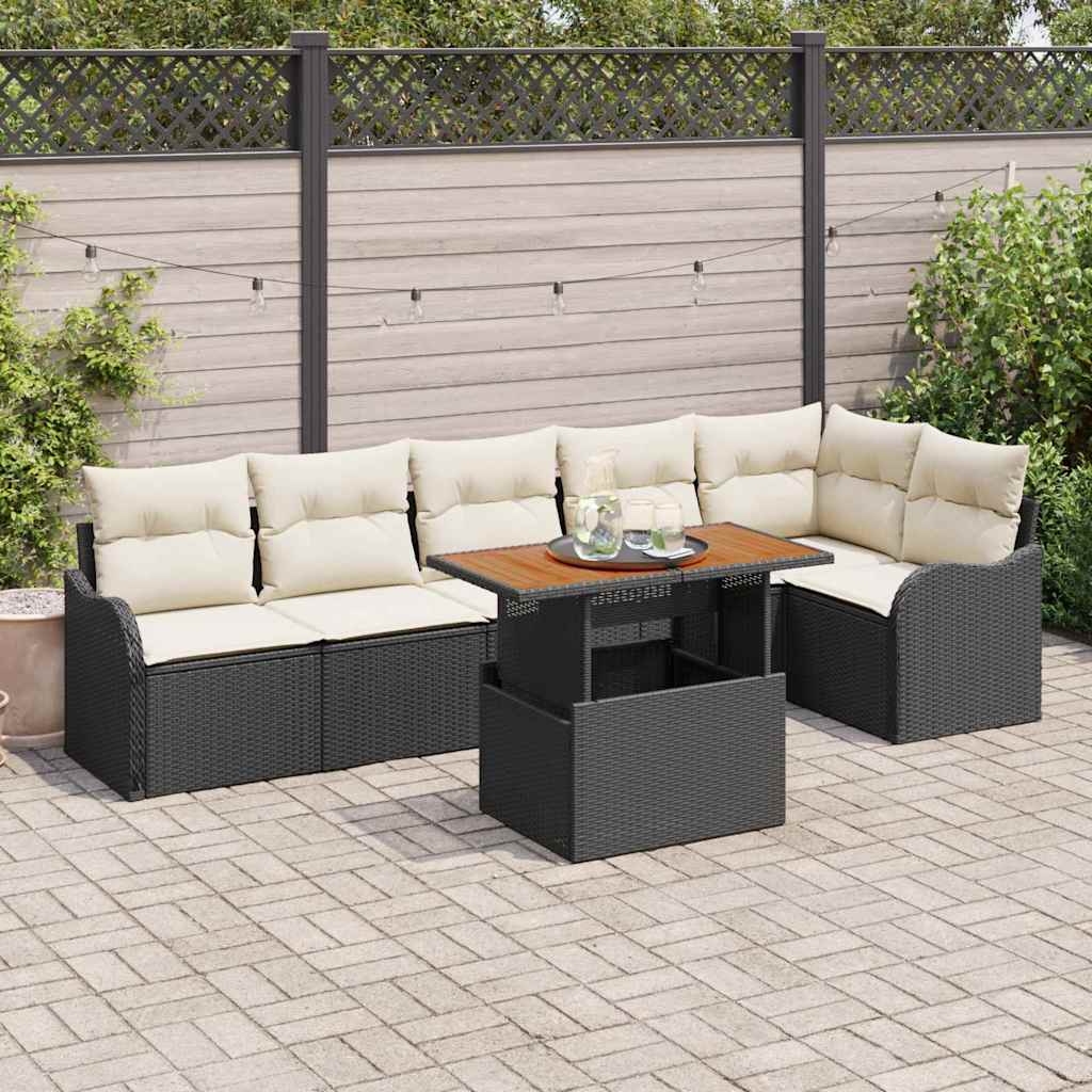 Havesofa sæt med puder - 7 dele i sort og cremefarvet, modulært loungesæt i polyrattan