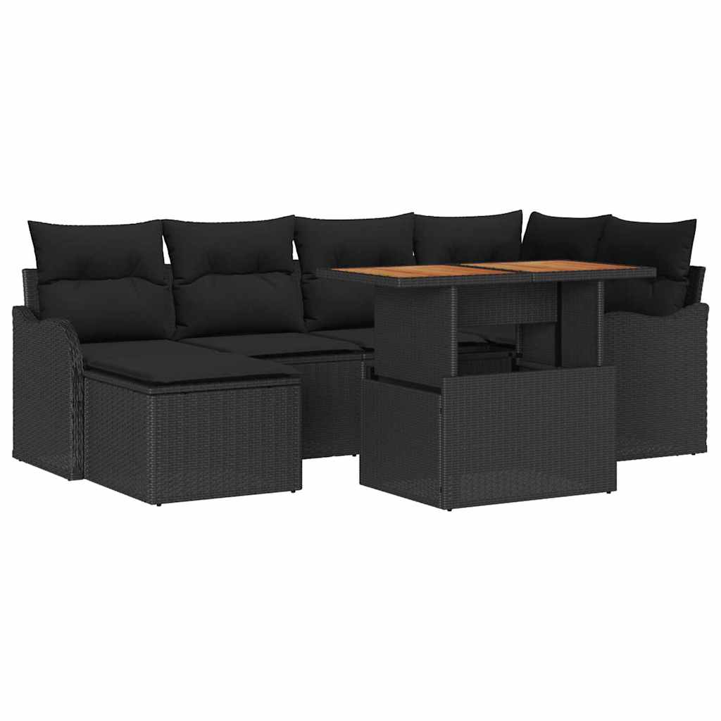 Havesofa Sæt 7 pcs Sort Polyrattan og pulverlakeret stål
