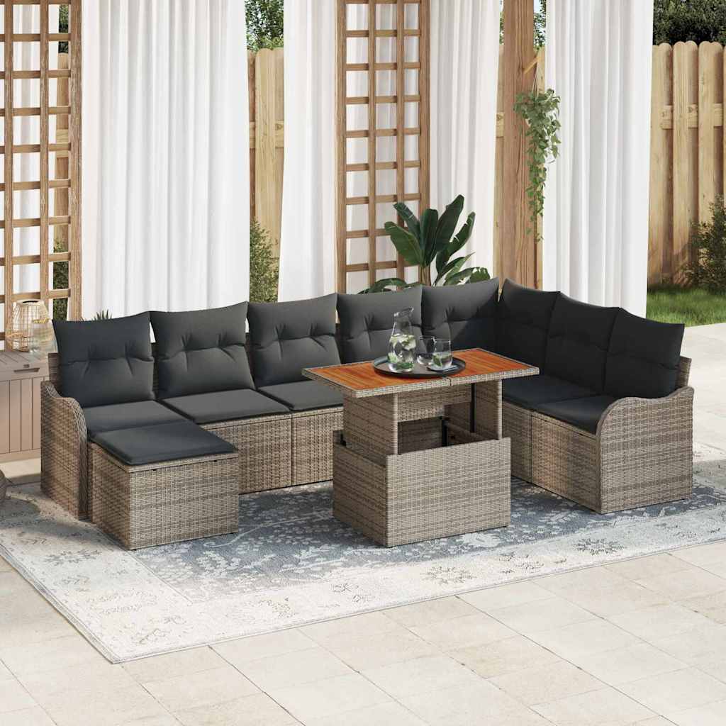 Havesofa Sæt 9 pcs Grå Polyrattan og pulverlakeret stål