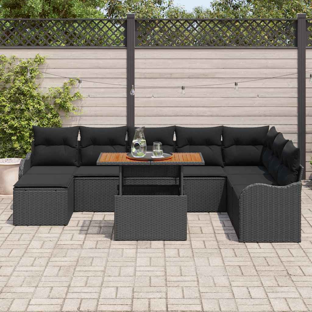 Havesofa Sæt 9 pcs Sort Polyrattan og pulverlakeret stål