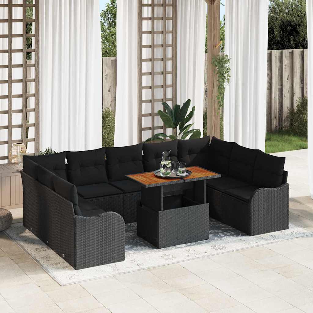 Havesofa Sæt 10 pcs Sort Polyrattan og pulverlakeret stål