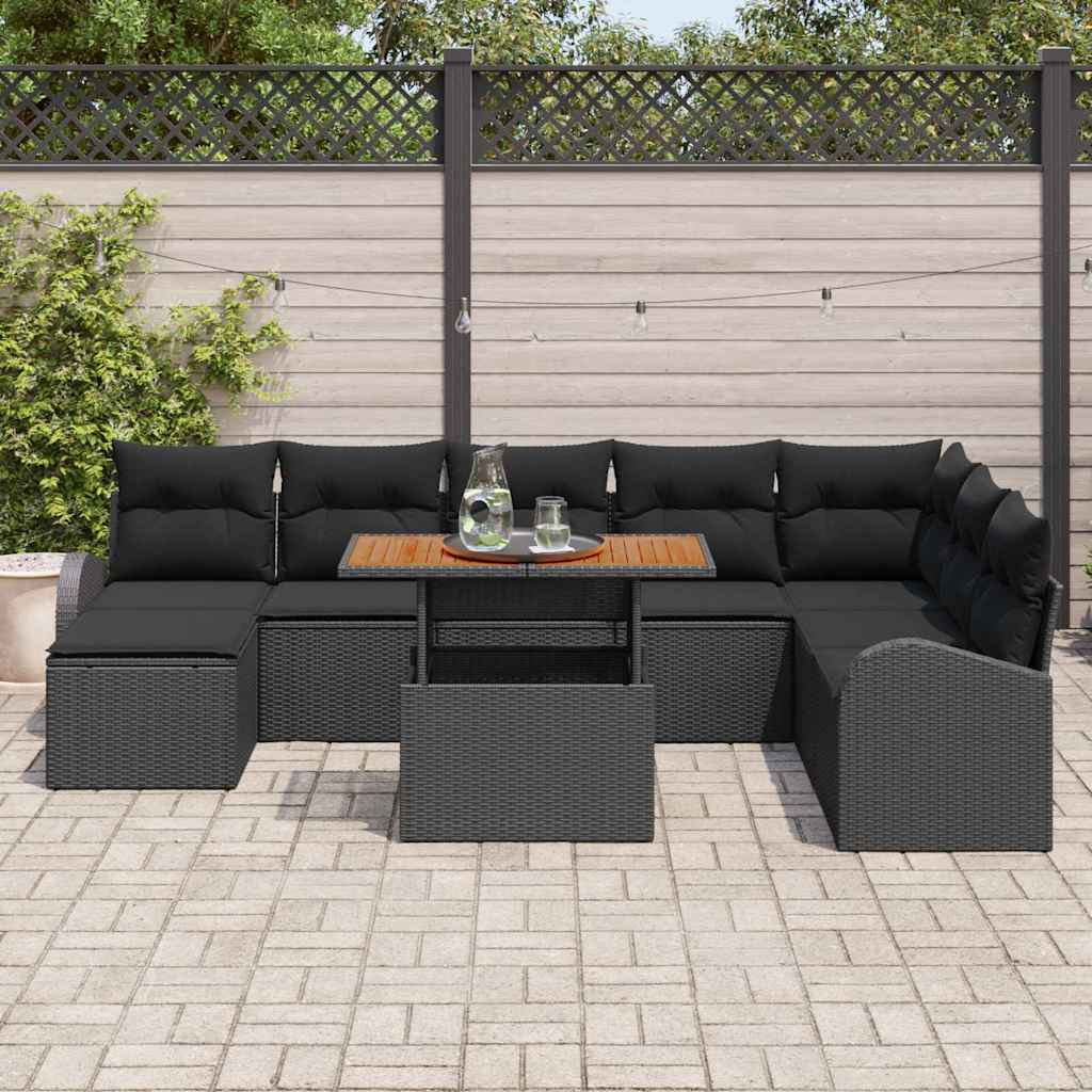 Havesofa Sæt 9 pcs Sort Polyrattan og pulverlakeret stål
