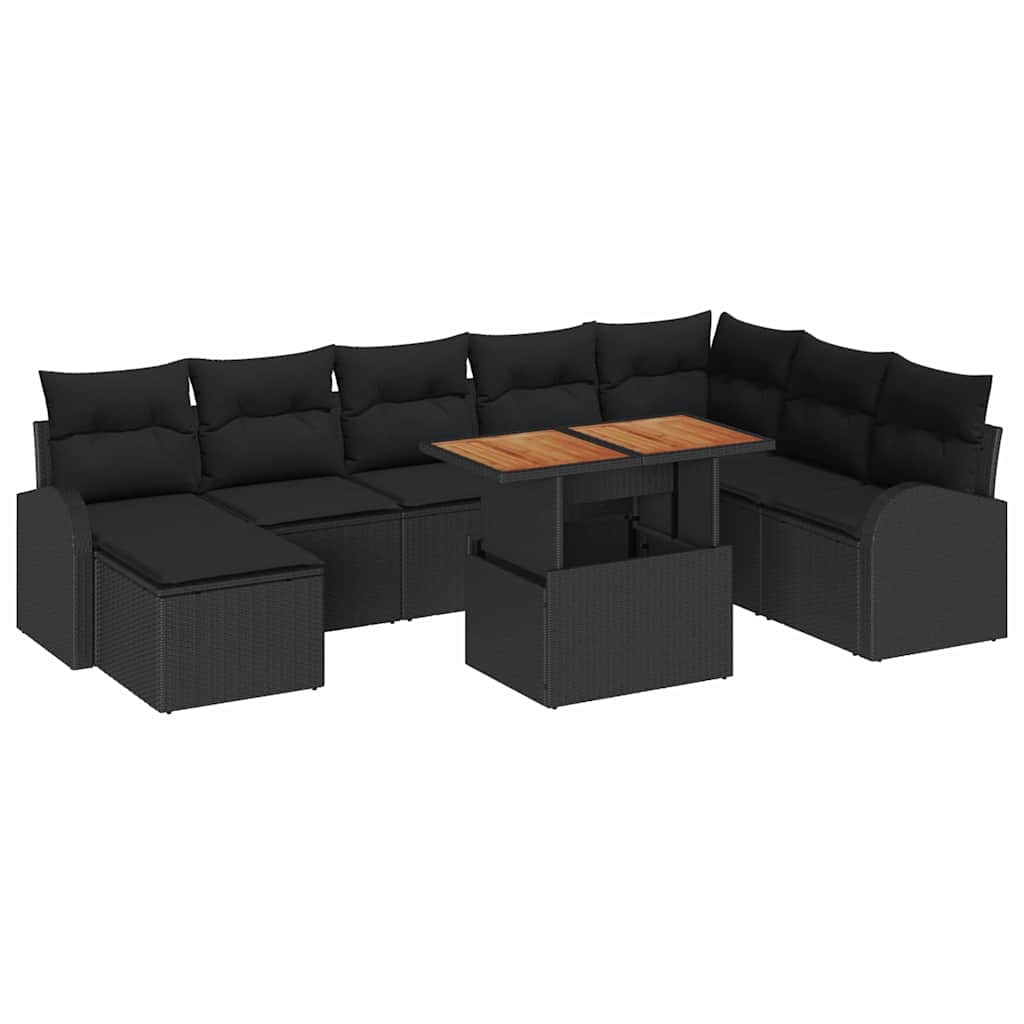 Havesofa Sæt 9 pcs Sort Polyrattan og pulverlakeret stål
