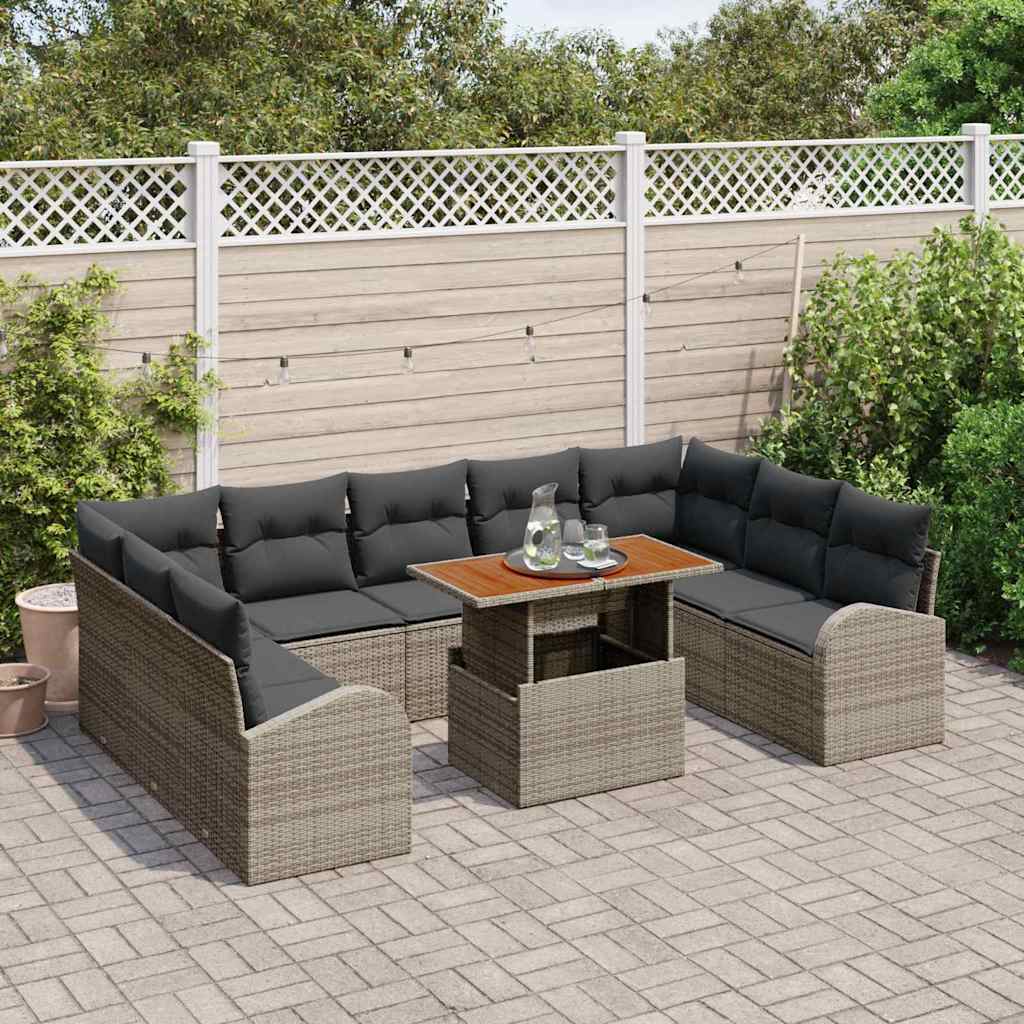 Havesofa Sæt 10 pcs Grå Polyrattan og pulverlakeret stål