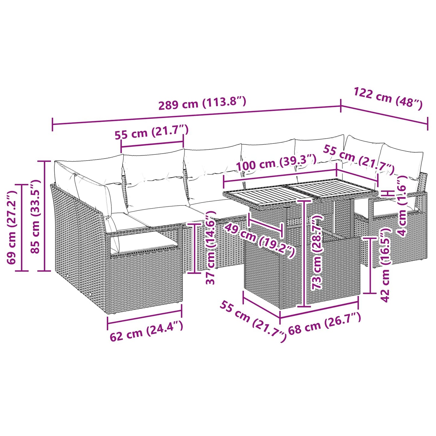 Havesofa Sæt med pude 8 pcs Grå og Marineblå
