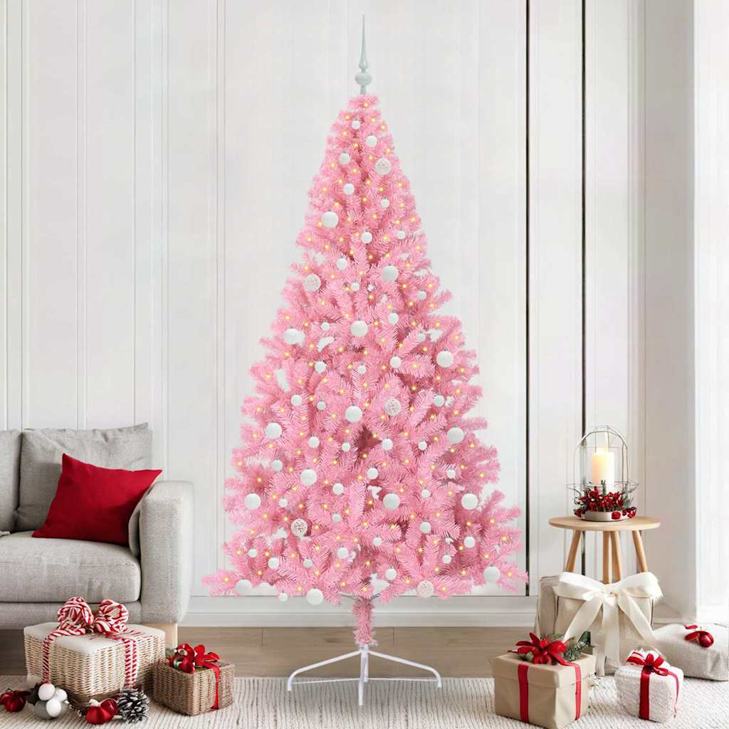 Kunstig Forbelyst Juletræ med 300 LED'er Lyserød 240 cm PVC