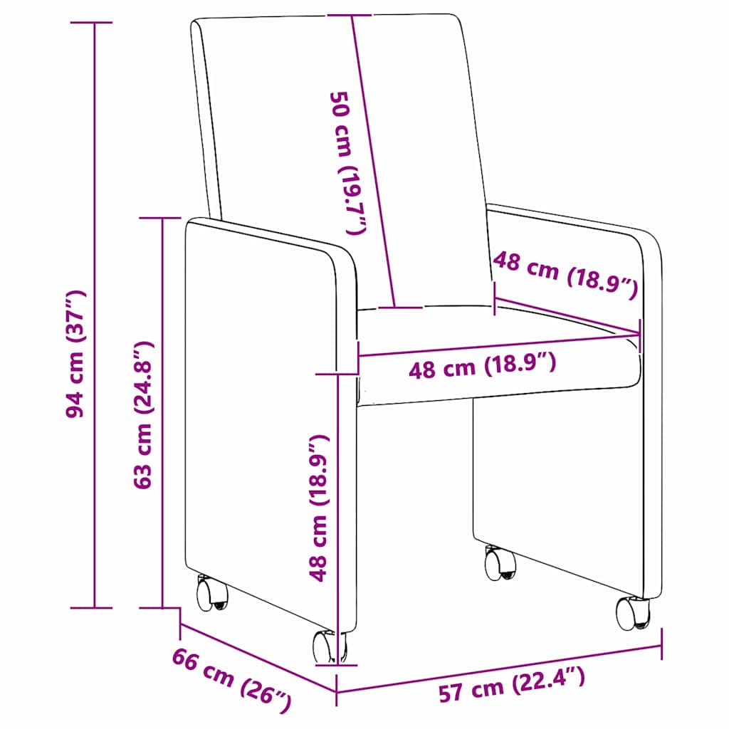 Spisebordsstole med hjul 2 pcs Lyserød 57 x 66 x 94 cm Stof