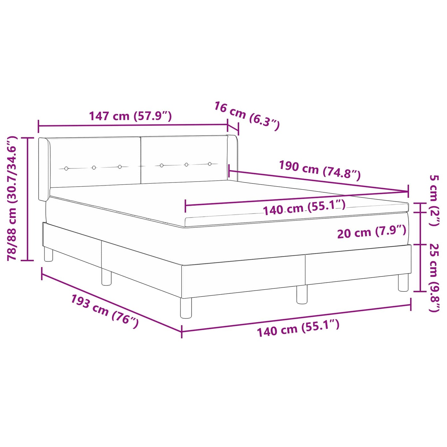 Box spring seng med hovedgærde Sort 190 x 140 cm Stof