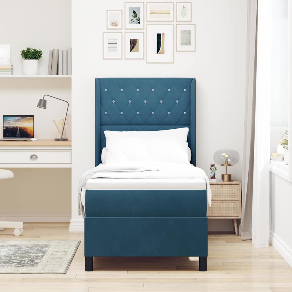 Box spring seng med madras med hovedgærde Blå 80 x 200 cm Fløjl