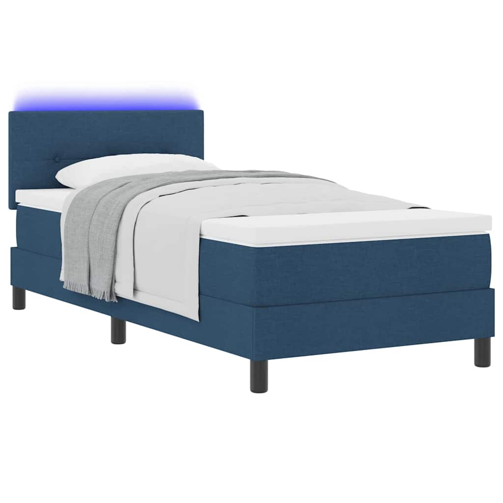 Box spring seng med LED-lysstrimler Blå 90 x 200 cm Stof