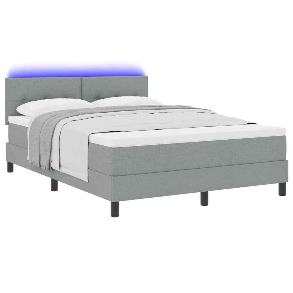 Box spring seng med LED-lysstrimler Lysegrå 140 x 200 cm Stof