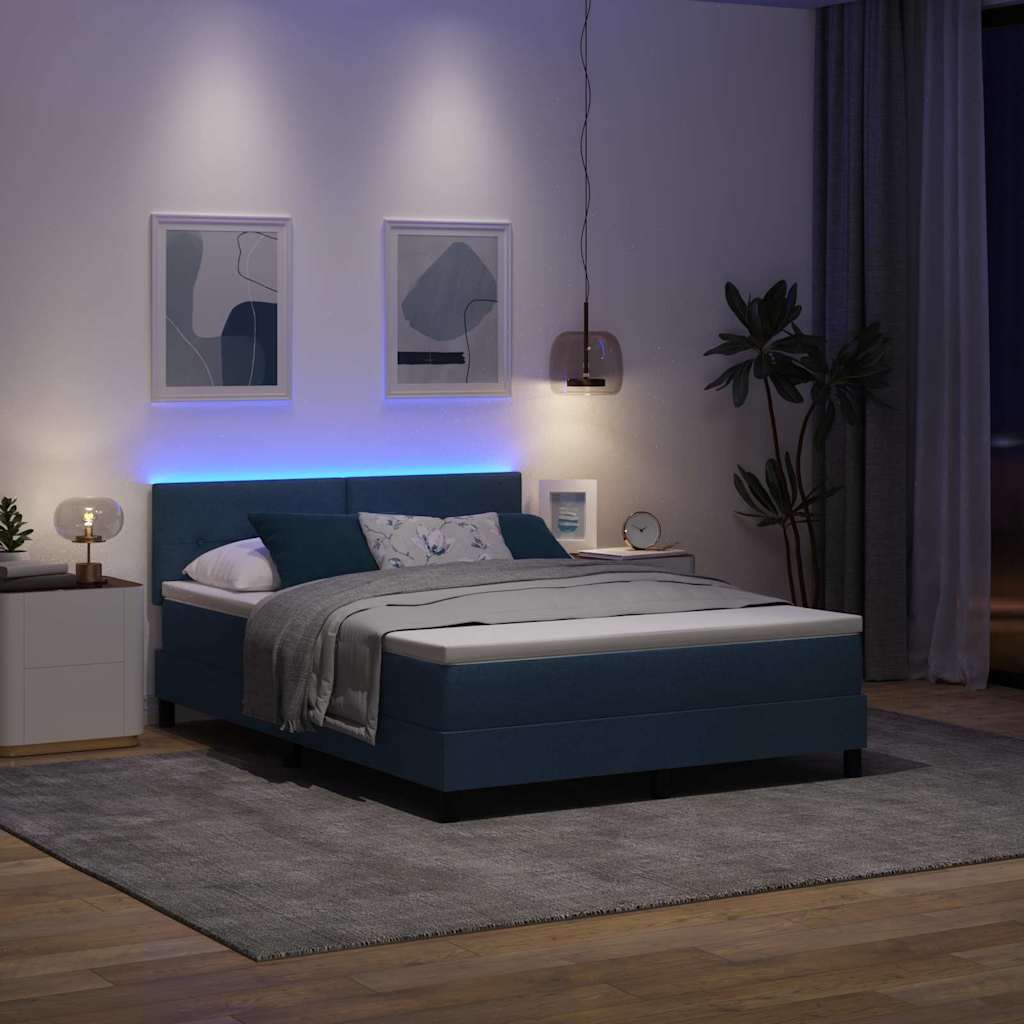 Box spring seng med LED-lysstrimler Blå 160 x 200 cm Stof