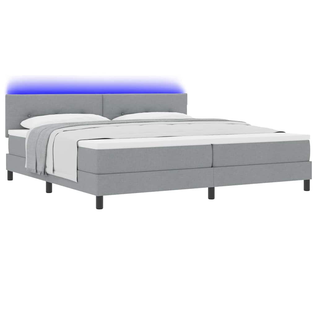 Box spring seng med LED-lysstrimler Lysegrå 200 x 200 cm Stof