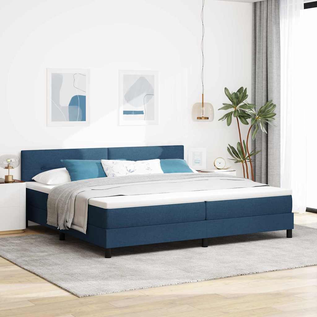 Box spring seng med LED-lysstrimler Blå 200 x 200 cm Stof