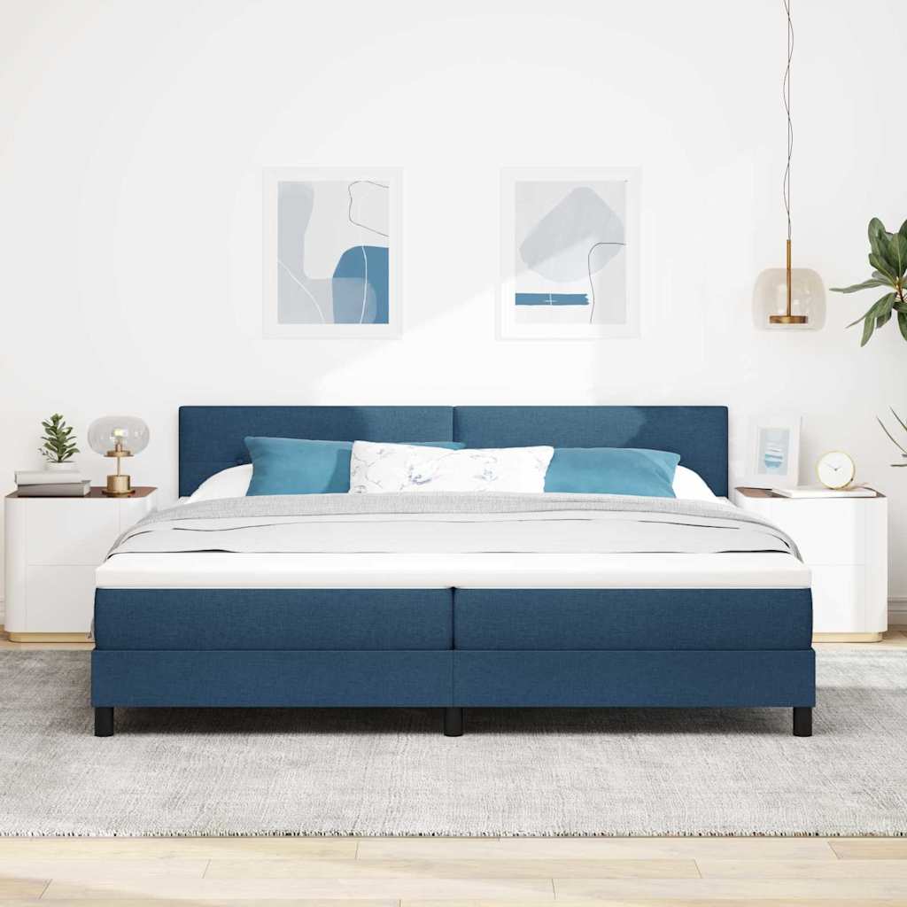Box spring seng med LED-lysstrimler Blå 200 x 200 cm Stof