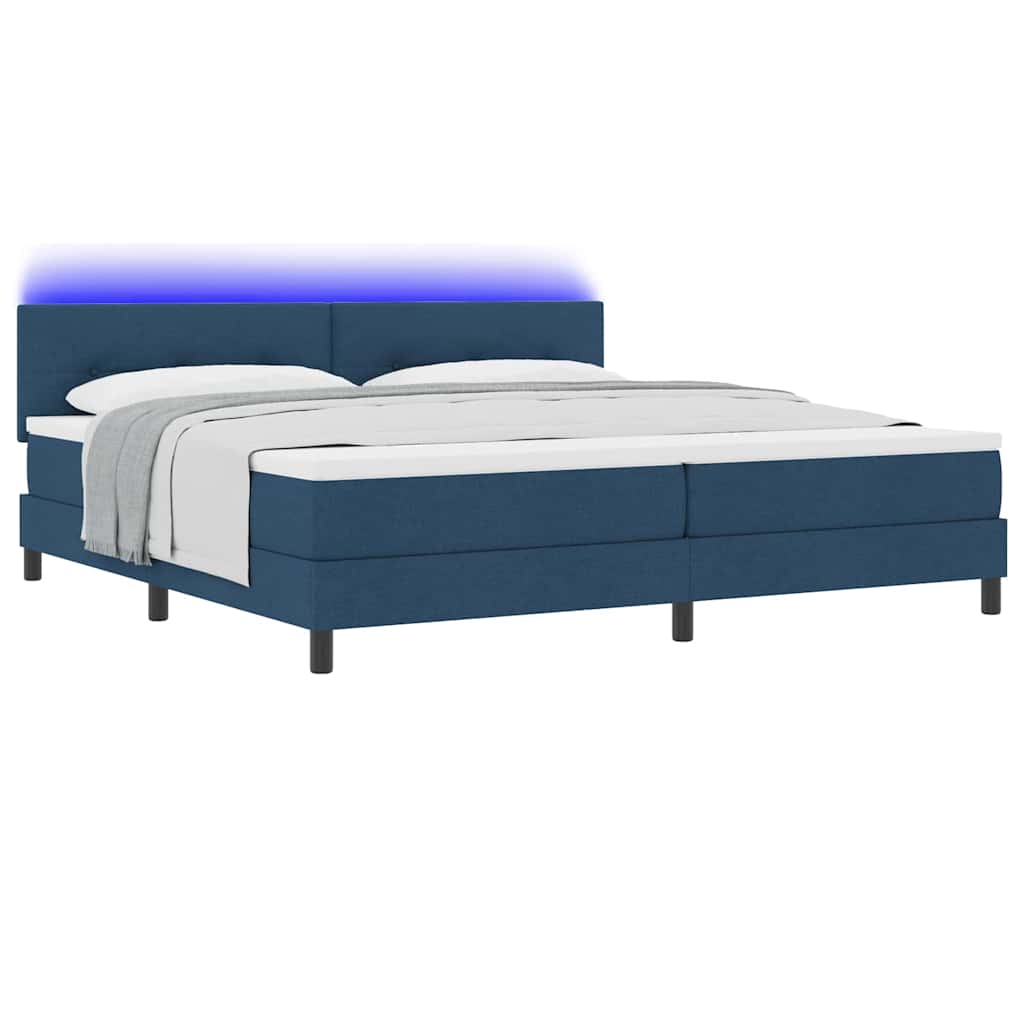 Box spring seng med LED-lysstrimler Blå 200 x 200 cm Stof