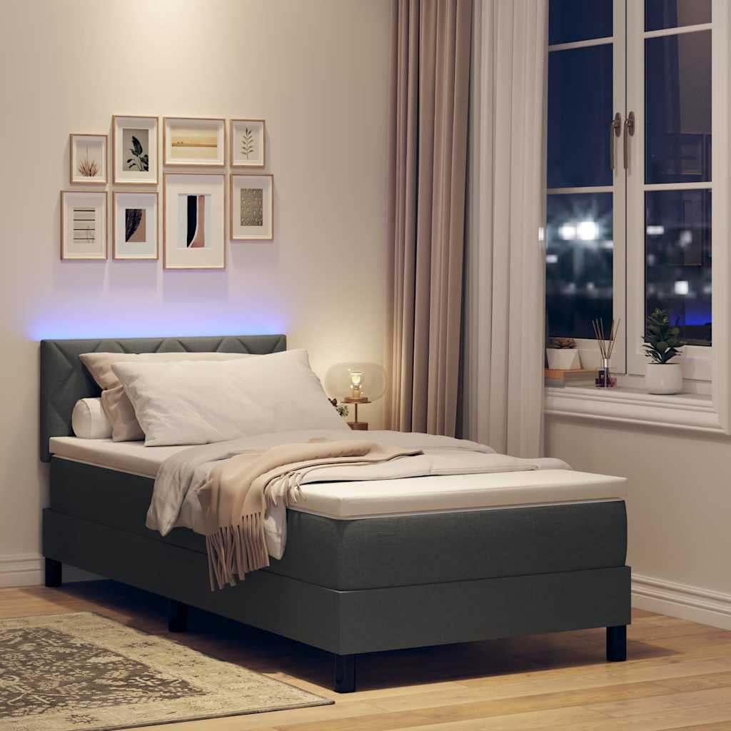 Box spring seng med LED-lysstrimler Mørkegrå 90 x 190 cm Stof