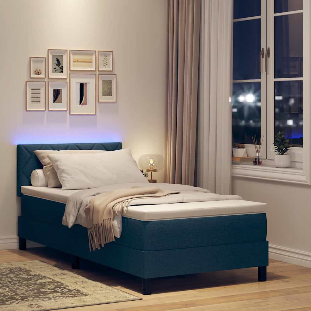 Box spring seng med LED-lysstrimler Blå 100 x 200 cm Stof