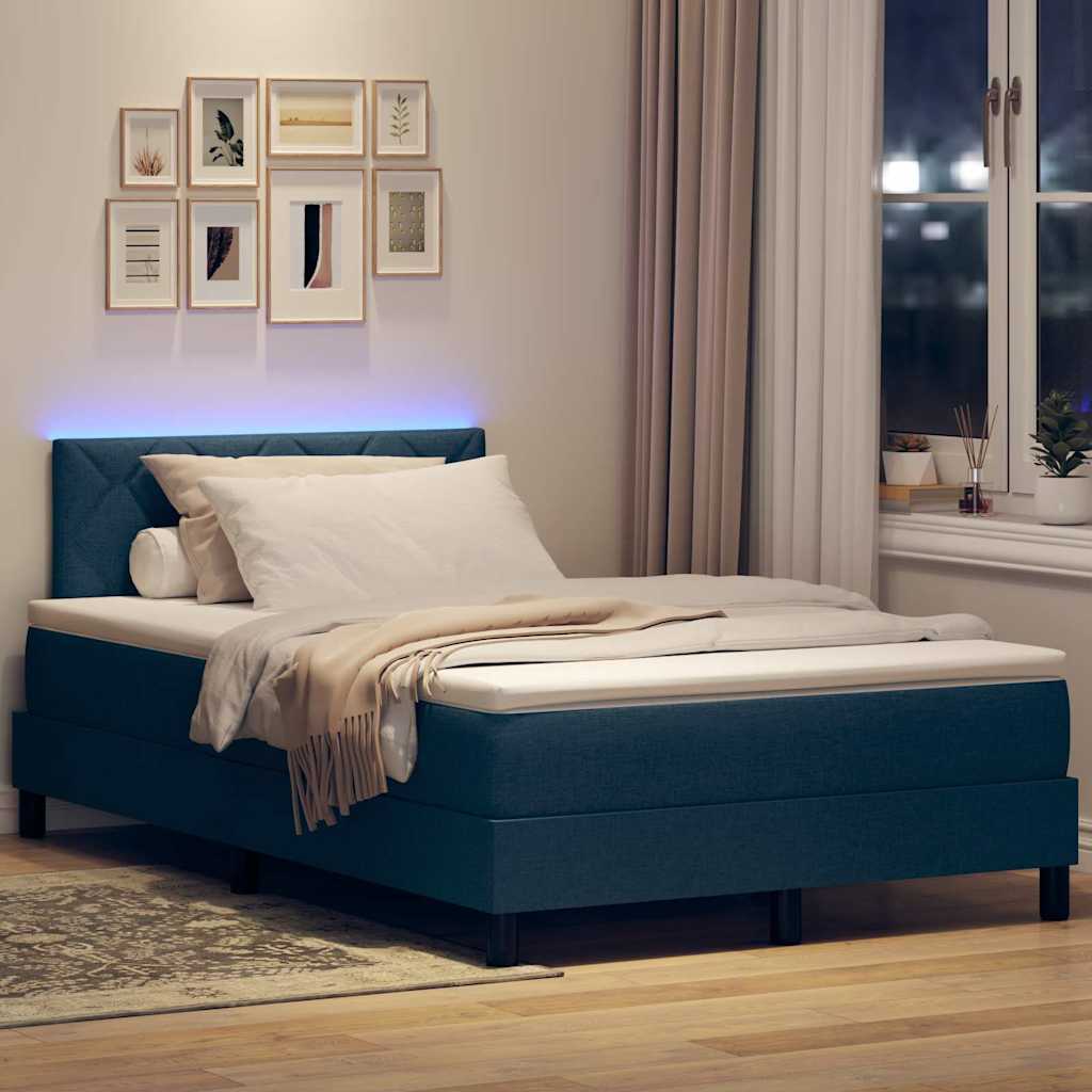 Box spring seng med LED-lysstrimler Blå 120 x 190 cm Stof