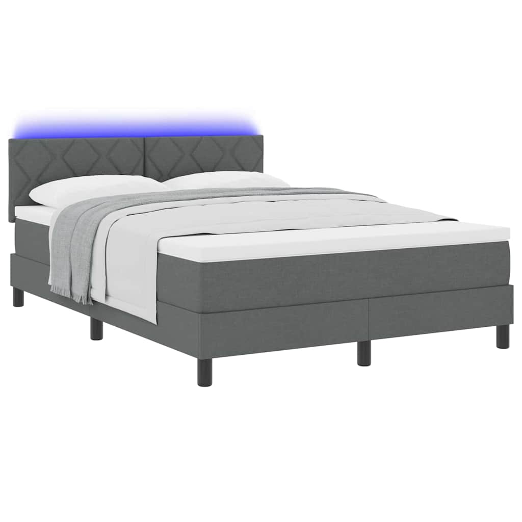 Box spring seng med LED-lysstrimler Mørkegrå 140 x 200 cm Stof