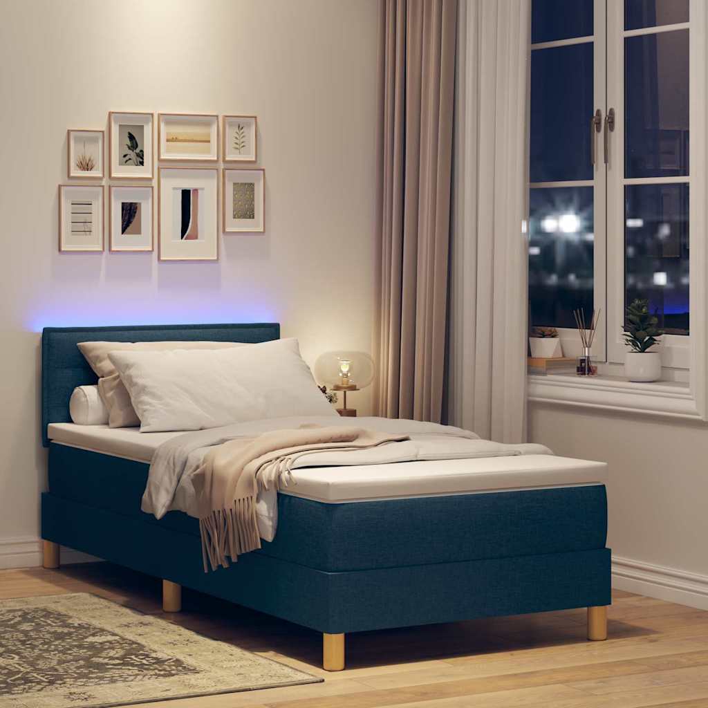 LED Box Spring Bed med LED-lysstrimler Blå 100 x 200 cm Stof