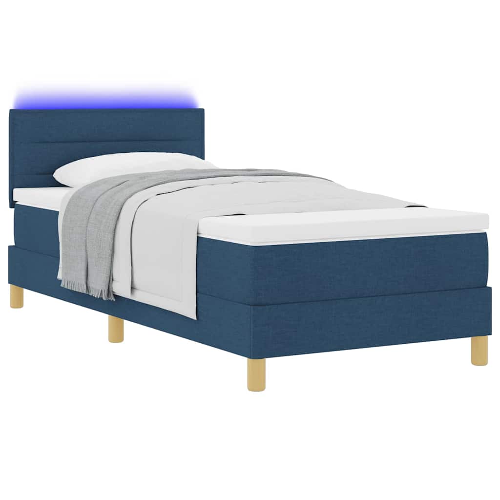 LED Box Spring Bed med LED-lysstrimler Blå 100 x 200 cm Stof