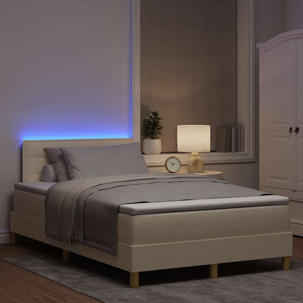 LED Box Spring Bed med LED-lysstrimler Creme 120 x 200 cm Stof