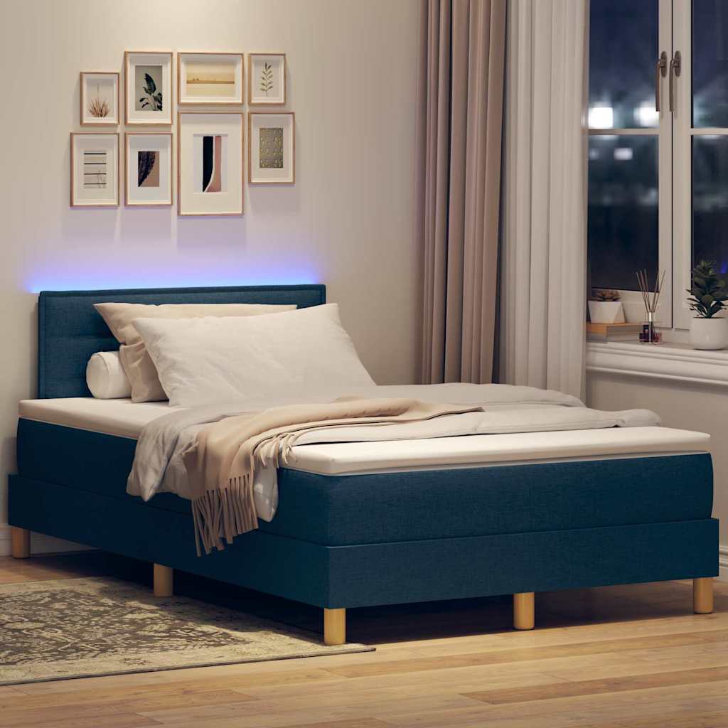 LED Box Spring Bed med LED-lysstrimler Blå 120 x 200 cm Stof