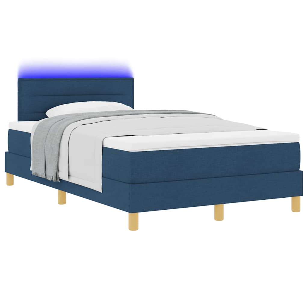 LED Box Spring Bed med LED-lysstrimler Blå 120 x 200 cm Stof