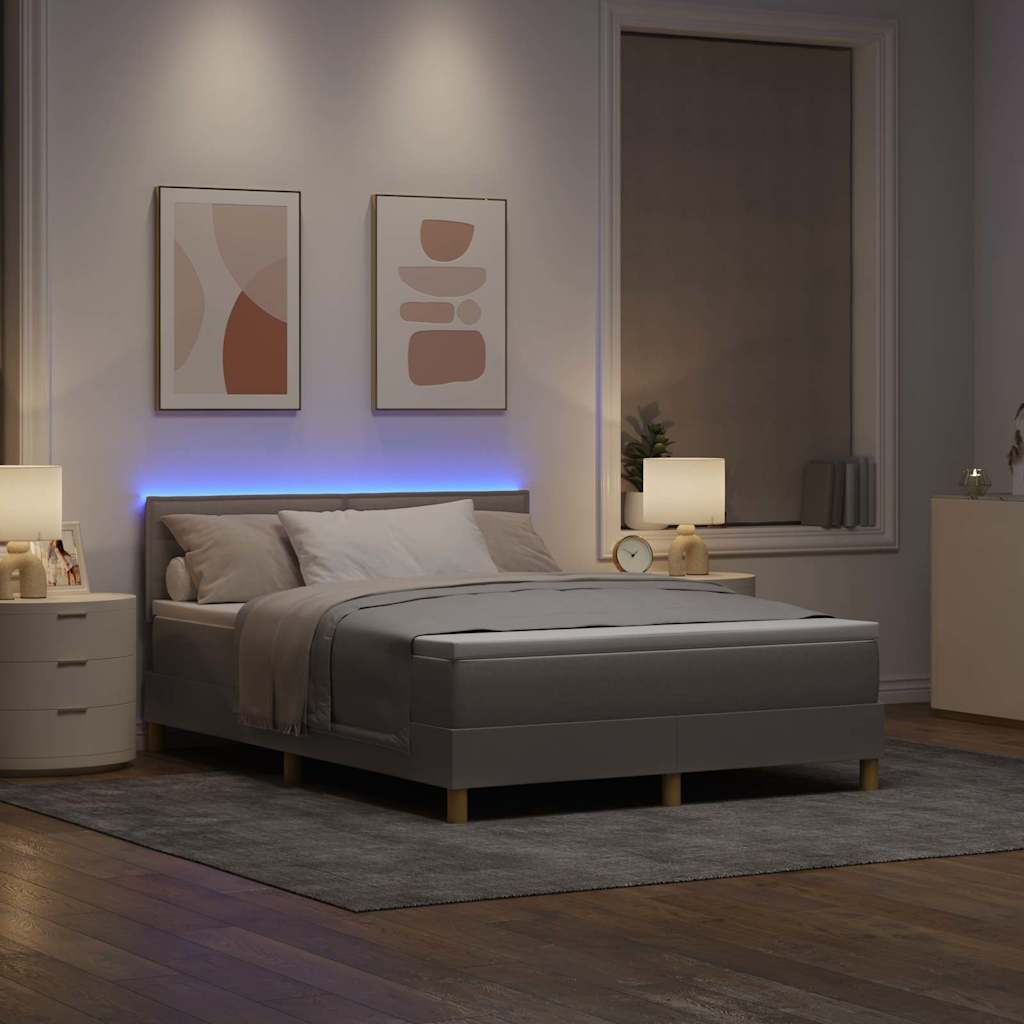 LED Box Spring Bed med hovedgærde Gråbrun 140 x 190 cm Stof