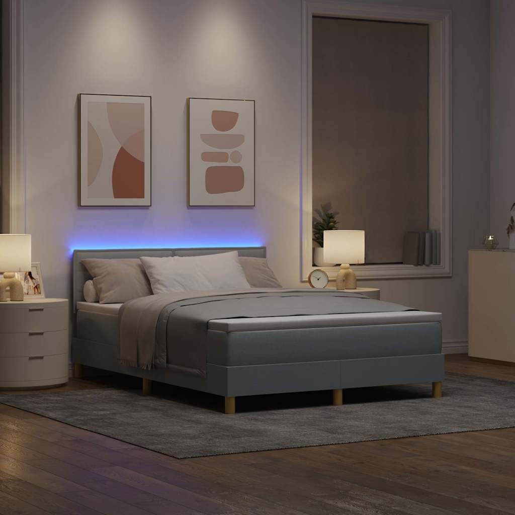 LED Box Spring Bed med hovedgærde Lysegrå 140 x 200 cm Stof