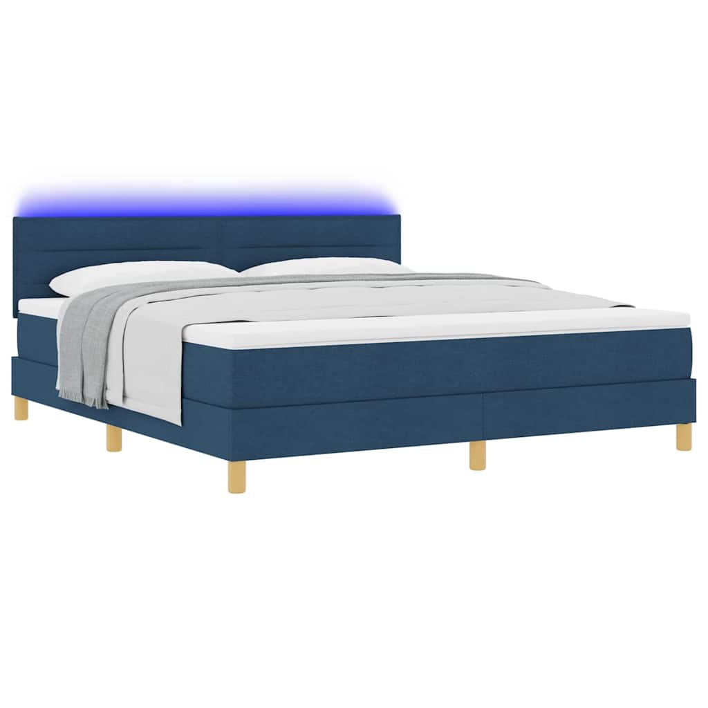 LED Box Spring Bed med LED-lysstrimler Blå 180 x 200 cm Stof