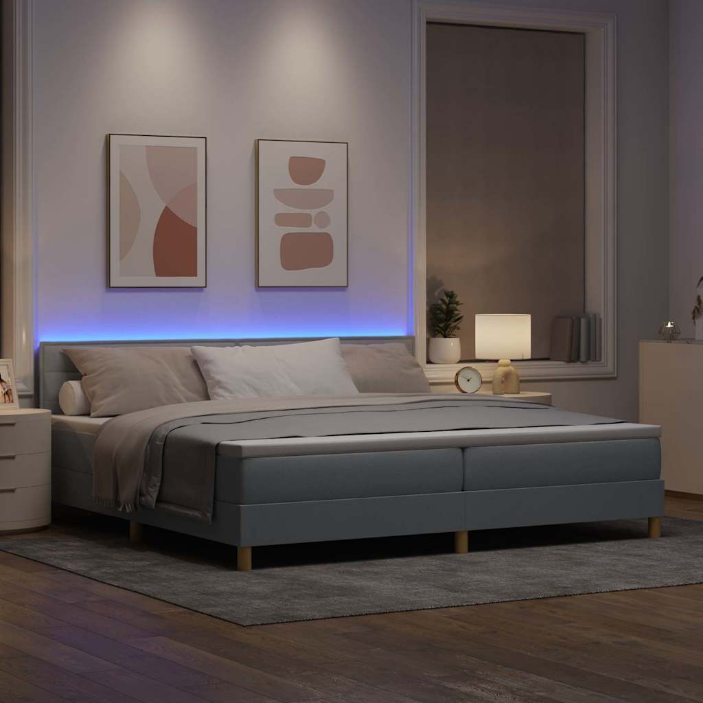 LED Box Spring Bed med hovedgærde Lysegrå 200 x 200 cm Stof