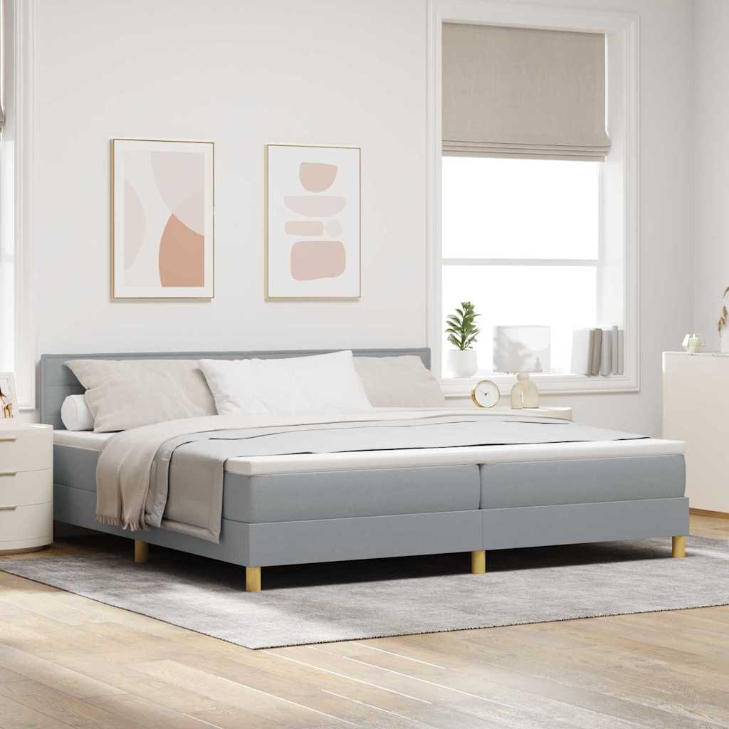 LED Box Spring Bed med hovedgærde Lysegrå 200 x 200 cm Stof