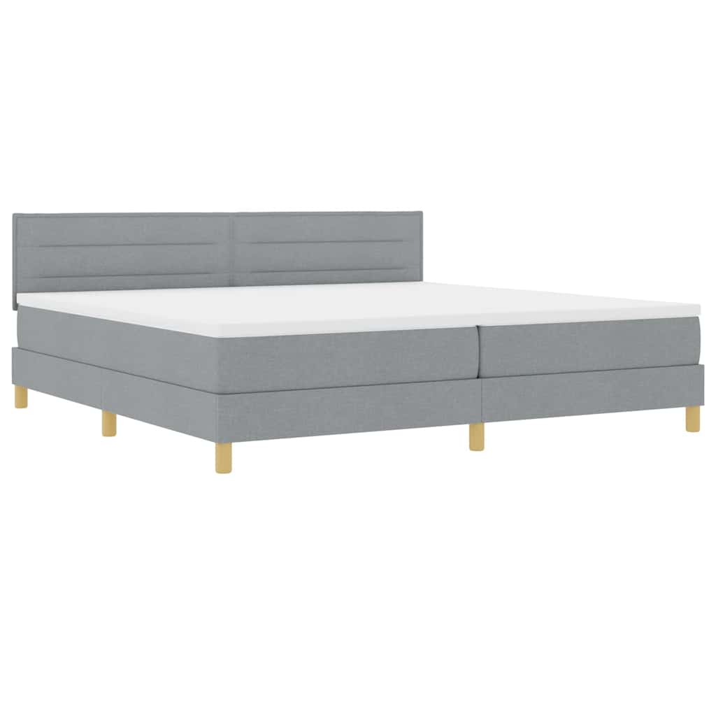 LED Box Spring Bed med hovedgærde Lysegrå 200 x 200 cm Stof